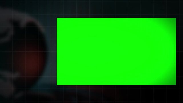 Digital interface displays a dark grid background with a large green chroma key rectangle for professional video composition.
