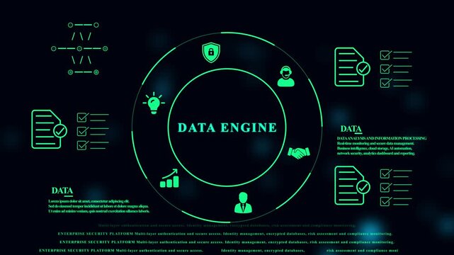 Data engine interface with glowing green and network security infographic displayed on a dark futuristic digital background