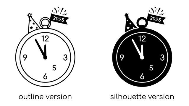 New Year Clock Countdown: Two stylized clocks, one outline and one silhouette, mark the imminent arrival of the New Year, complete with festive party hats and a 2025 flag.