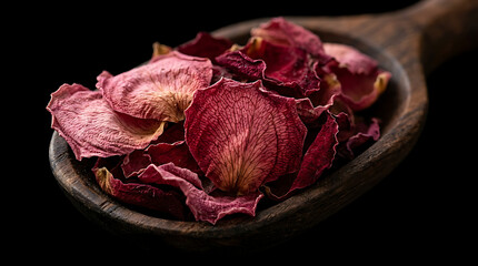 Obraz premium Dried Rose Petals as Spice Macro – Crimson Pink Petals Texture Closeup Dark Background
