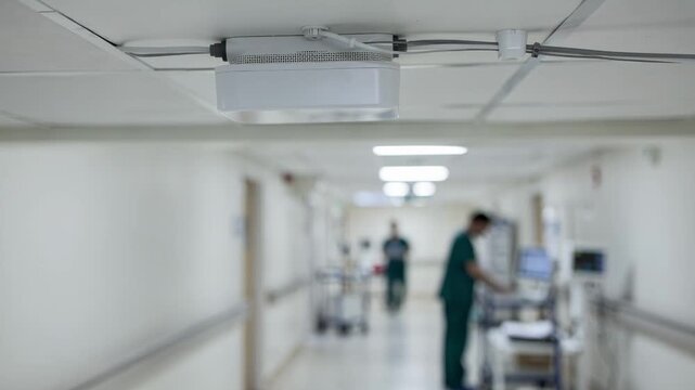 Focused closeup of DAS antenna installation on a hospital corridor ceiling with soft focus on medical staff and equipment in the background.
