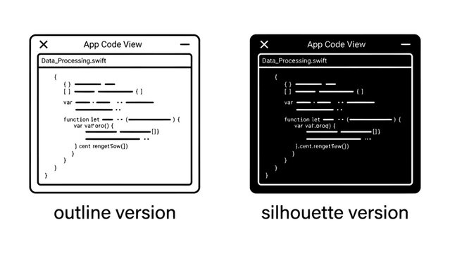 Two app code view windows, one outline and one silhouette, display lines of code.