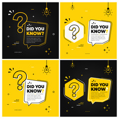 Fototapeta premium Yellow and black fun facts quote post template collection with lightbulb icon for educational content