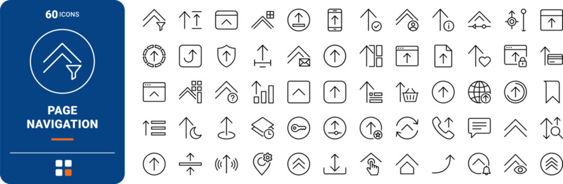 Scroll to top interface line icon set. Vector pictograms of navigation, control, interface, and button elements, thin linear illustration.