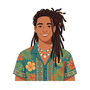 Smiling Man with Dreadlocks and Tropical Shirt, Summer Vibe Illustration