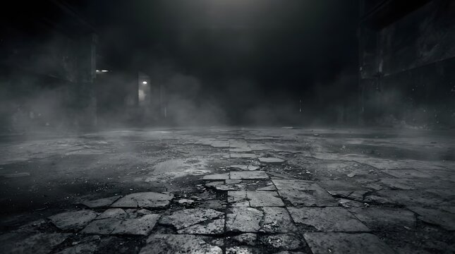 A dark and moody halloween background featuring a cracked stone floor with mysterious fog and soft lighting perfect for horror themed graphic design and projects