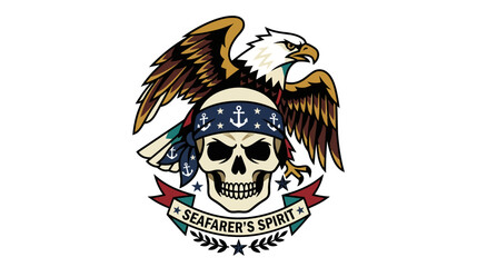 Fototapeta premium Skull and Eagle Emblem with Nautical Bandana and Seafarer's Spirit Text