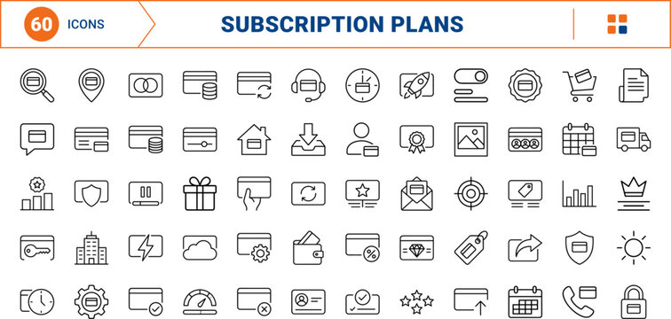 Subscription Plan Cards line icon set. Vector pictograms of business, payment, options, and interface elements, thin linear illustration.