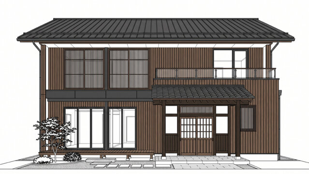 Modern Japanese Style House Front Elevation Wooden Residential Architectural Facade CAD Drawing Vector for AutoCAD