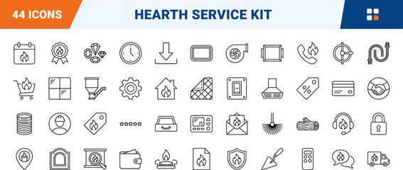 Fototapeta premium Fireplace installer website line icon set. Vector pictograms of hearth, chimney, stove, and gas elements, thin linear illustration.