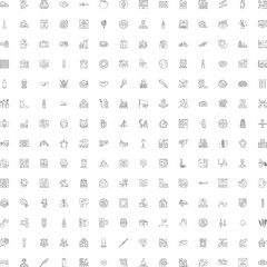 Fototapeta premium Collection of line art icons depicting diverse subjects from food and technology to healthcare and education, providing a comprehensive design element for various digital and print applications
