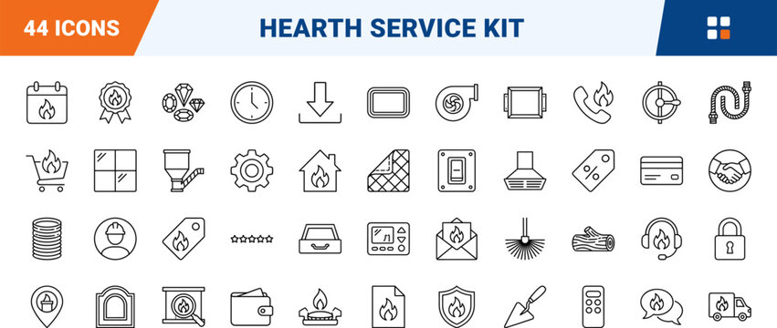 Fireplace installer website line icon set. Vector pictograms of hearth, chimney, stove, and gas elements, thin linear illustration.