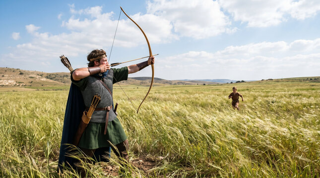Jonathan secretly shooting arrows into a field to warn his best friend David of danger. Biblical story of loyal friendship