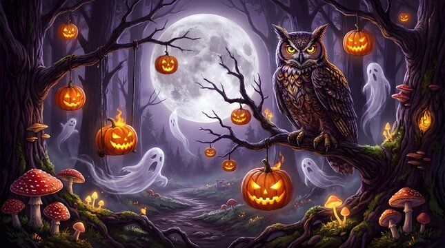 Enchanting halloween background featuring a glowing full moon spooky forest with carved jack o lanterns ghosts and magical atmosphere for festive holiday party design