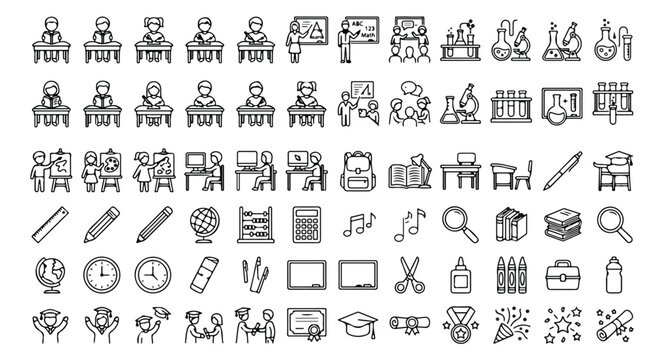 Education and school line icons set, 75 thin outline vector symbols of students, classroom supplies, graduation and learning equipment for web design