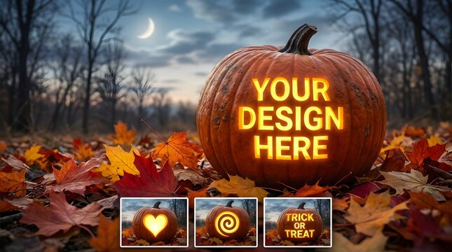 A festive halloween background featuring a carved pumpkin mockup sitting in a forest of autumn leaves under a moody twilight sky for seasonal holiday designs