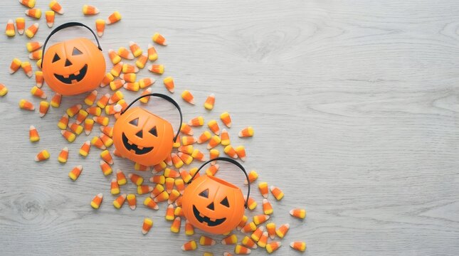 Festive halloween background featuring three small plastic jack o lantern buckets filled with colorful candy corn arranged on a light grey textured wooden surface top