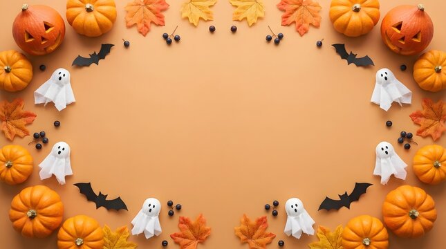 Festive halloween background featuring a decorative border of pumpkins ghosts bats and autumn leaves on a plain orange surface with empty space for your text