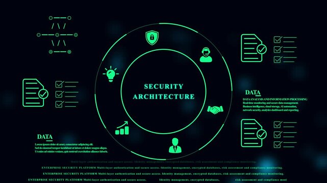 Digital interface displaying security architecture concept with circular chart and data analysis on a dark blue background with bokeh