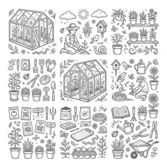 Fototapeta premium Doodle Greenhouse Gardening and Plants Illustration Set