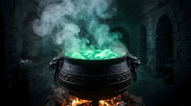 A spooky halloween background featuring a bubbling black iron cauldron with glowing green magic potion smoke in a dark mysterious stone dungeon for holiday celebration