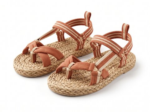 A pair of stylish brown summer sandals with straw soles isolated on white background.