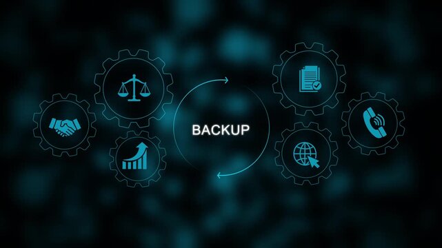 Digital data backup concept with rotating gear and business network symbols on blue background storage