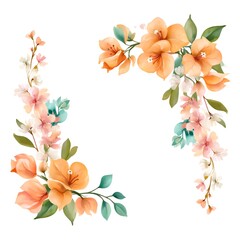 Obraz premium Watercolor floral corner border with orange blossoms, delicate spring flowers and botanical branches isolated on white