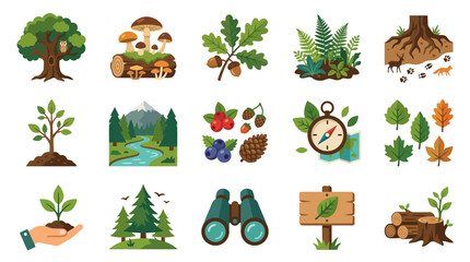 Dynamic Colorful Forest and Nature Exploration Icon Set Featuring Trees Wildlife Plants and Adventure Tools © satria