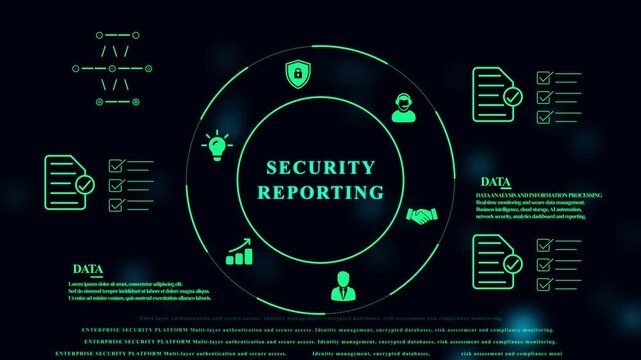 Digital security reporting interface with green glowing and data analysis charts on a dark background for enterprise network monitoring systems