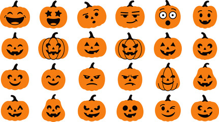 Fototapeta premium A collection of twenty four hand drawn halloween pumpkins with various funny and spooky facial expressions on white background