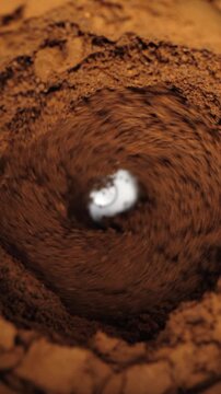 Ground Coffee Mixing. A rotating metal tool swirls finely ground coffee into a vortex. For food processing concepts.