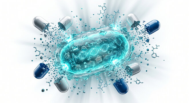 High-end futuristic medical illustration featuring an antibiotic-resistant bacterium surrounded by broken antibiotic capsules and molecular particles