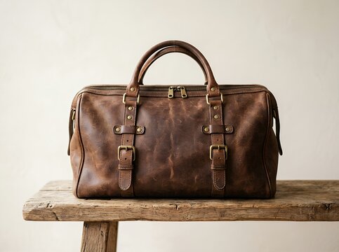 Vintage Leather Duffle Bag on Rustic Wooden Table.