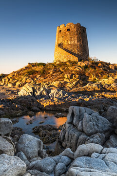 Coastal Tower at Sunset in Sardinia, Italy