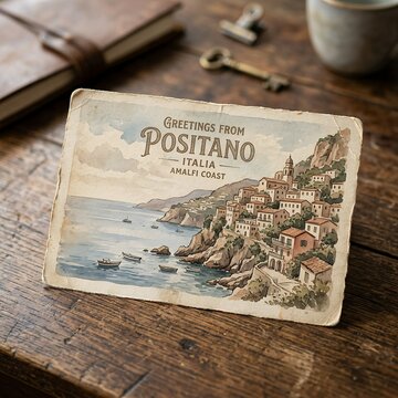 Vintage Postcard Depicting Positano Amalfi Coast Italy Scene.