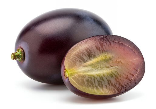 A dark purple grape shown as one whole fruit and one halved piece, isolated on a pure white background