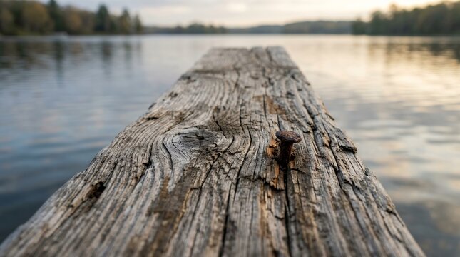 Weathered Wooden Pier Extending into Calm Lake at Dusk.