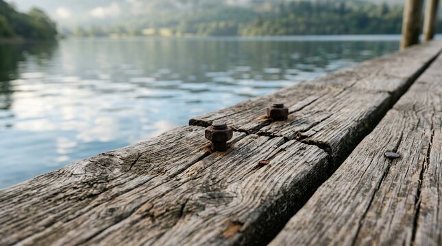 Weathered wooden dock with rusty bolts on a calm lake surface.