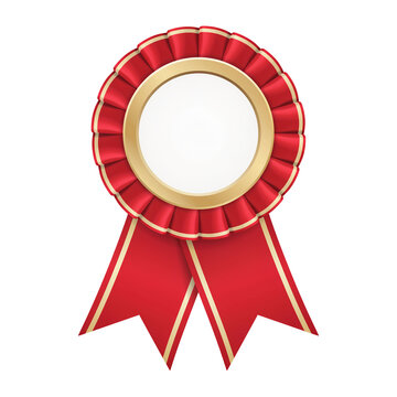Red award rosette with gold trim. Isolated ribbon badge for achievement and success.