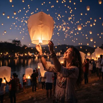 Woman Releasing Sky Lantern at Night Festival.