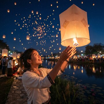 Woman Releasing Sky Lantern at Night Festival.