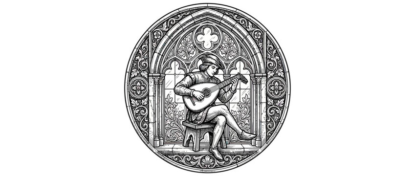 Medieval musician playing lute inside ornate circular frame