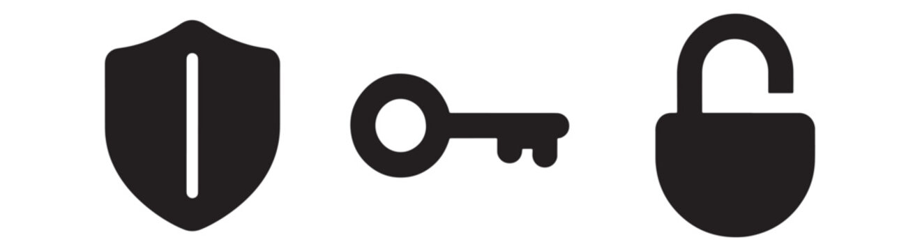 A set of three black showing a shield with a vertical line, a key, and an open padlock on a white background, for security and access