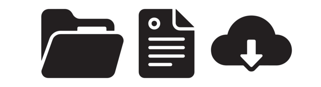 A set of three featuring a folder, a document with a circular symbol, and a cloud with a downward arrow for downloading on a white background