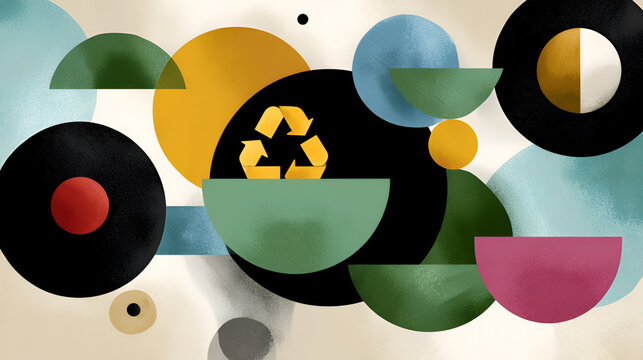 Abstract illustration featuring colorful geometric shapes, including circles and semi-circles, with a prominent recycling symbol, representing sustainability and modern design concepts