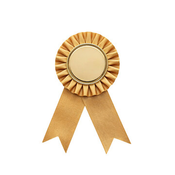 Gold award rosette with blank center. Shiny ribbon badge for competition winner or prize.