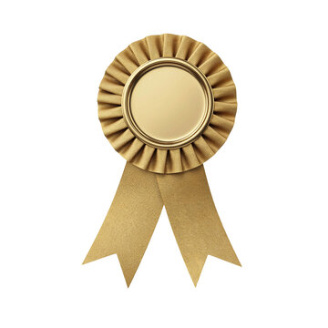 Gold award ribbon rosette. Shiny metallic prize badge isolated on white background.