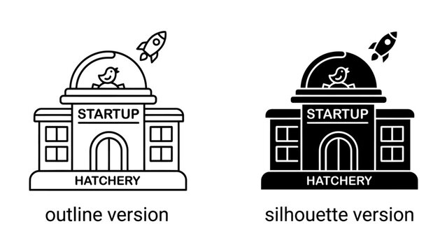 Startup Hatchery Logo Concepts: A conceptual logo design featuring a startup hatchery building with a rocket launching, representing innovation and growth.