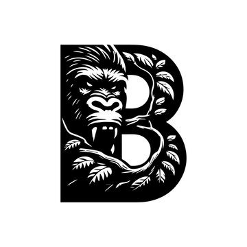 Letter B logo design featuring a stylized gorilla head and jungle leaves in black and white.